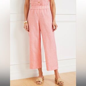 Talbots Wide Crop Washed Linen Pull On Pants Coral Striped M
